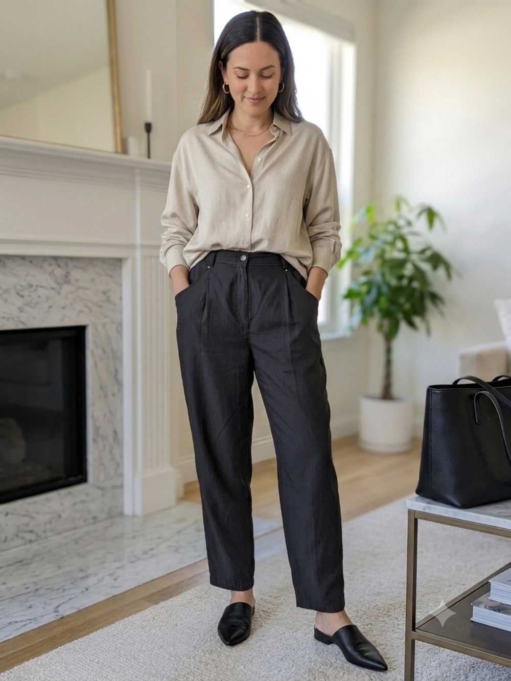 AUGUST SILK Silk Cotton Blend Tapered Pants Elastic Waist Black Women’s 14
